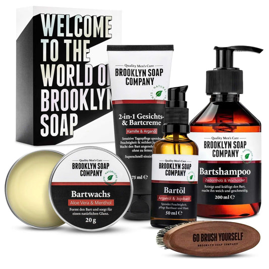Brooklyn Soap Company · Ultimate Beard Box · Beard care set including beard oil, beard shampoo, beard brush, beard wax & beard cream · Gift idea for men.