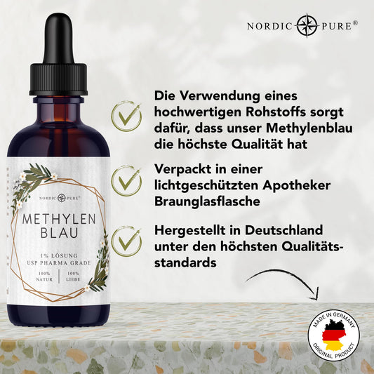 Methylene Blue 100ml high-dose drops from Nordic Pure | Solution with 99.9% purity | High-dose Methylene Blue | Methylene Blue 1% solution | Laboratory tested & produced in Germany