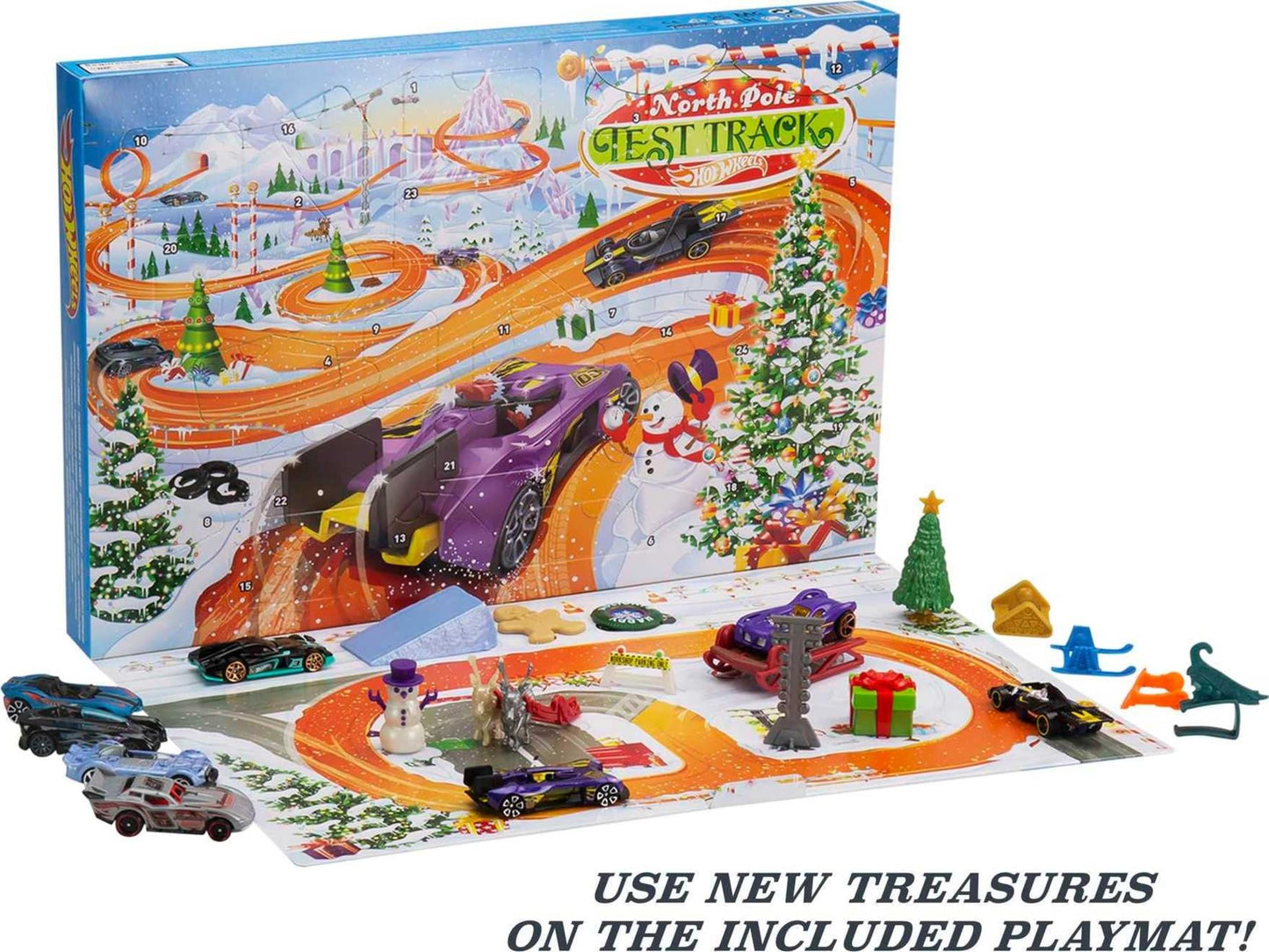 Hot Wheels Advent Calendar with 24 surprises, including 8 1:64 scale vehicles and other cool accessories, plus a play mat. Perfect Christmas gift for collectors and kids ages 3 and up. GTD78.