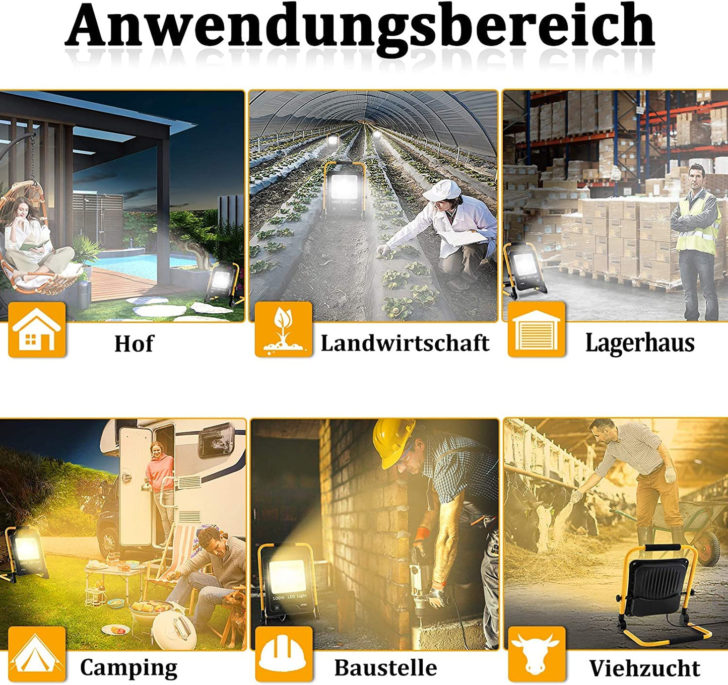 UISEBRT LED construction spotlight 100W cool white including stand and power cord - LED floodlight work light waterproof IP66 for indoor and outdoor use - garage, garden, sports field, construction site