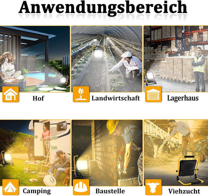 UISEBRT LED construction spotlight 100W cool white including stand and power cord - LED floodlight work light waterproof IP66 for indoor and outdoor use - garage, garden, sports field, construction site