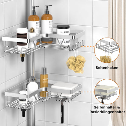 Kegii shower caddy, telescopic shower shelf without drilling, corner shelf bathroom organizer stainless steel, height adjustable for shower corners silver