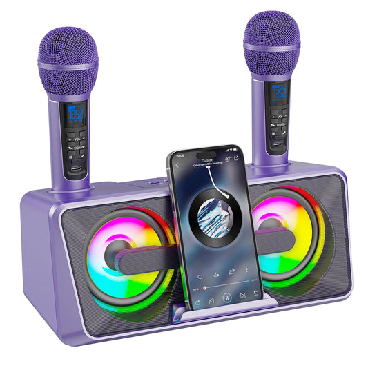Karaoke Machine for Adults and Kids with 2 UHF Wireless Microphones, Portable Bluetooth Singing Speaker, PA System with Disco Lights, Cell Phone Holder for Home, Party, Picnic (Purple)