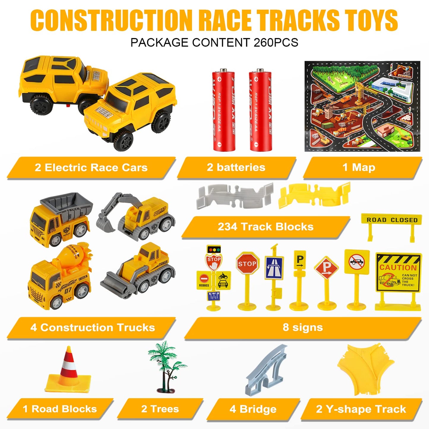 Kizplays 260pcs Car Race Track 6 Cars Excavator Toy from Toy Cars Highway from 3 4 5 6 Years Boys Girls, Flexible Track Crane Games, Electric Car Racing Track for Children Gift