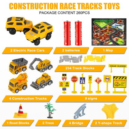 Kizplays 260pcs Car Race Track 6 Cars Excavator Toy from Toy Cars Highway from 3 4 5 6 Years Boys Girls, Flexible Track Crane Games, Electric Car Racing Track for Children Gift