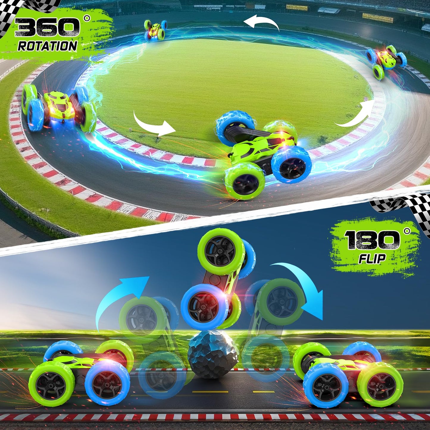 Cosone Remote Control Cars, 2.4GHz Remote Controlled Car Toy with headlights, All-wheel Drive Off-road Stunt Car, Double-sided 360° Rotation, Birthday Gifts for Boys 6+ years old (Blue-Green)