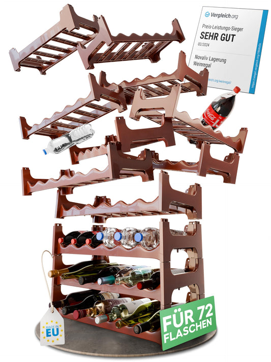 Novaliv Brown, Modular Bottle Rack for 72 Wine Bottles - Stackable, Expandable, Sturdy - Ideal for Wine Storage in Cellar, Hospitality & Home, Drinks Cabinet, Stackable Wine Rack