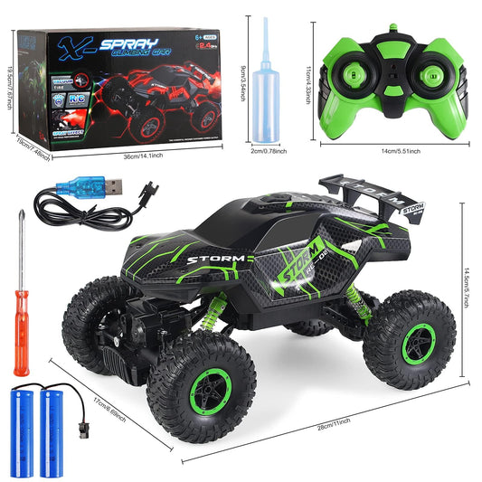 Herefun Remote Control Car, 2.4GHz Offroad RC Car, 4WD Remote Control Monster Truck with LED Light + Spray, Rechargeable High Speed RC Truck, Kids' Off-Road Car for ages 4 to 10 years old.