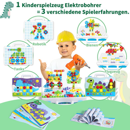 Toys for 3 years and up mosaic building set with electric drill screws building game kids tool Montessori toy puzzle for 3 years and up screwdriver gifts for 3-4 year old boys 224 pieces.