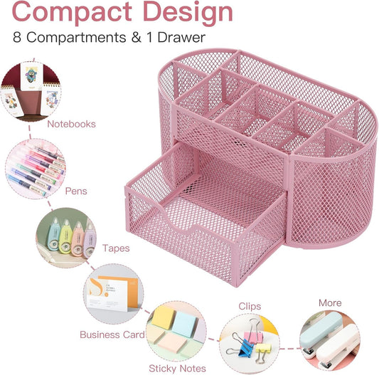 DHGKVK Desk Organizer, desk pen holder, Mesh Metal Desktop Office Organizer with 8 pen holders and 1 drawer, saves space at home, school, or office. (Pink)