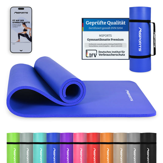 MSPORTS Gymnastics Mat Premium incl. carrying strap + exercise poster + workout app I skin-friendly fitness mat 190 x 60 x 1.0 cm - royal blue - phthalate-free yoga mat