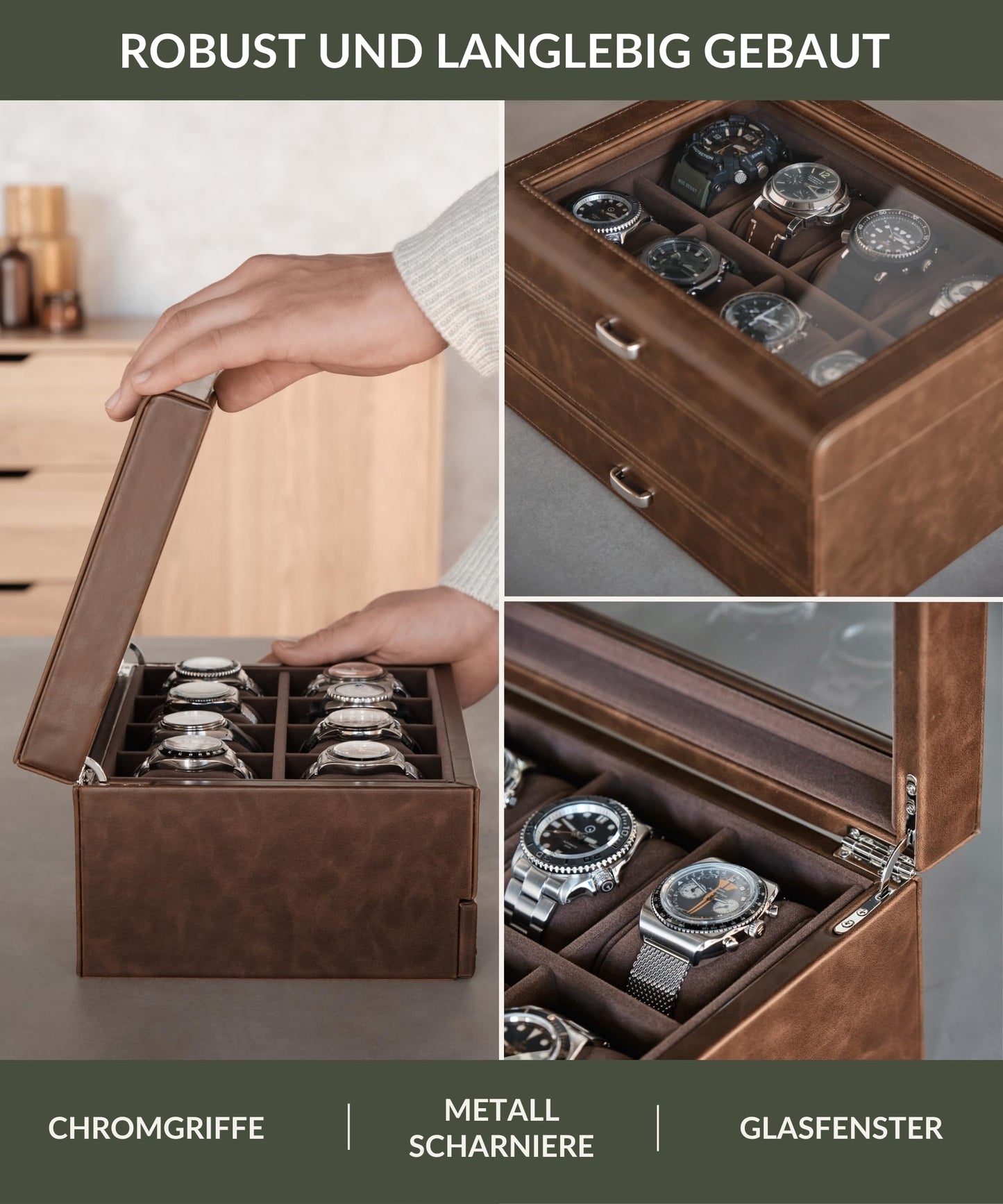 TAWBURY watch box for men for 8 watches - Men's watch box with 8 compartments made of brown vegan leather | Watch storage | Watch box for men | Watch case (Brown)