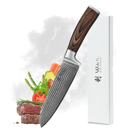 Wakoli EDIB Damascus Santoku Knife, 17cm blade, 67 layers of Damascus steel, VG10 core & Pakka wood handle. Sharp kitchen knife, Damascus knife in gift box for amateur & professional chefs.