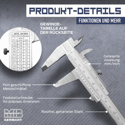MIB Vernier caliper with locking screw DIN 862 150mm | Stainless steel caliper | Analog caliper | Vernier caliper with matt chrome finish | Precision measuring instrument for 4-way measurement | Measuring tool