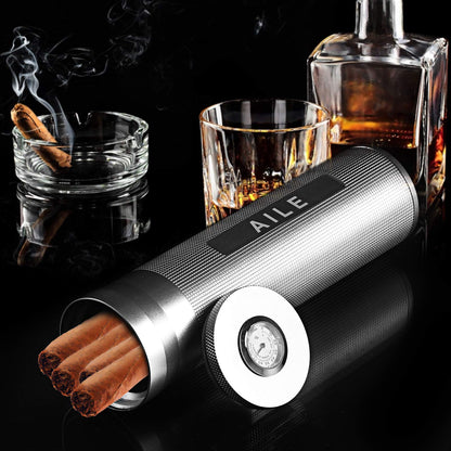 AILE Cigar Stainless Steel Humidor, Silver Travel Cigar Case, Tube for 3-4 cigars, Portable Cigar Case, Cigar Hygrometer, great gift for aficionados.
