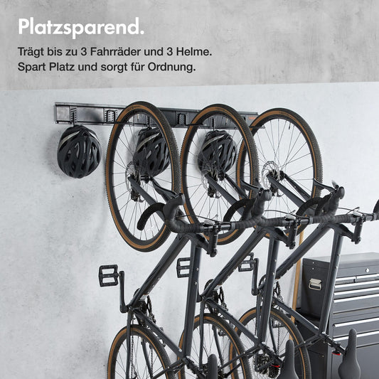 VonHaus Bike Wall Mount Set for 3 bikes and 3 helmets - Space-saving, vertical bike wall mount for garage storage for mountain and road bikes - High-quality bike wall mount.