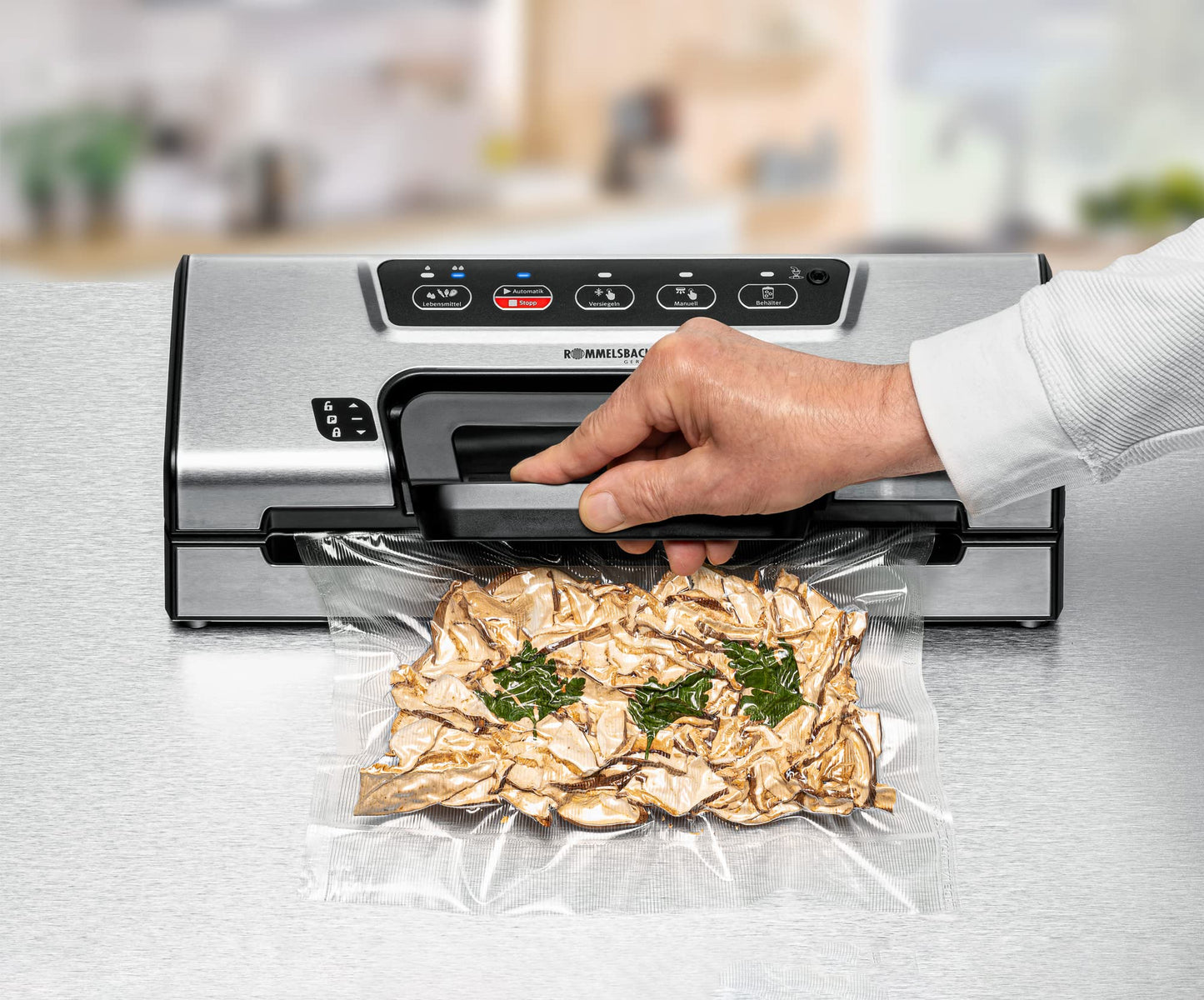 ROMMELSBACHER vacuum sealer VAC 385, 12 liters/minute, one-hand operation, roll storage, strong sealing seam, hose connection for containers, automatic & manual vacuuming and sealing, stainless steel