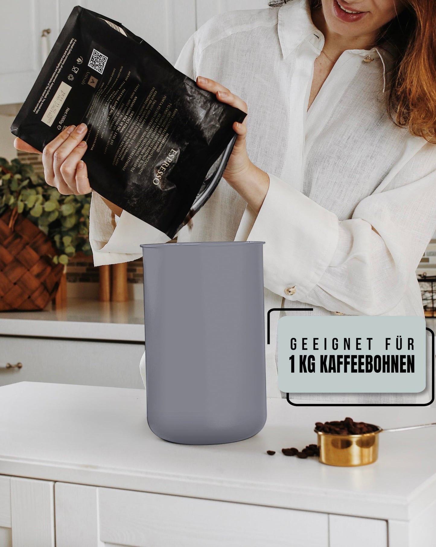 KC Kitchen & Co. Coffee canister airtight for 1 kg coffee beans - Stainless steel storage container with vacuum lid & aroma seal - Storage canister for coffee, tea, sugar, muesli - Gray (2800 ml)