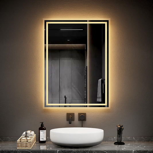 EMKE LED bathroom mirror with lighting 80x60cm, equipped with a toggle switch and anti-fog feature. Choose between warm white and cool white light modes, and mount the energy-efficient mirror horizontally or vertically.