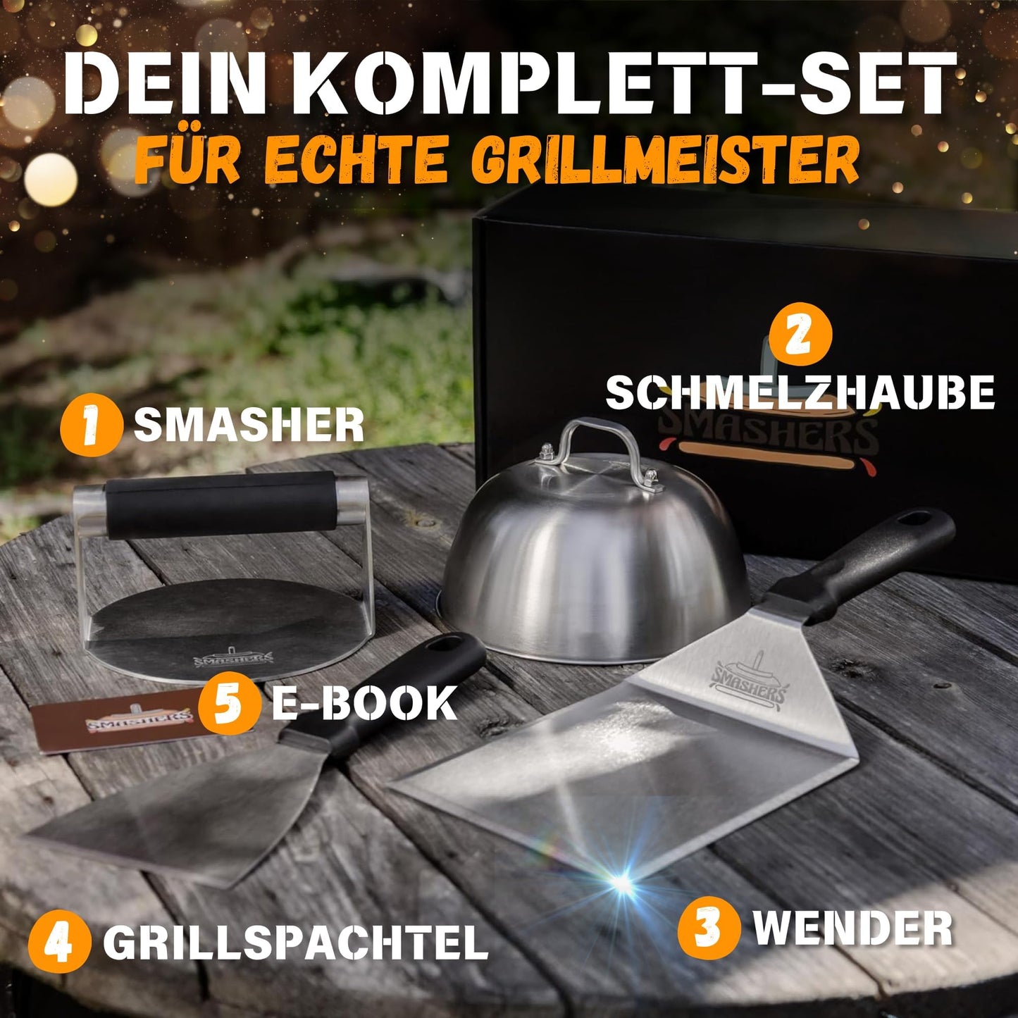 SMASHERS Smash Burger Set - Burger smasher set with burger press, grill spatula, flipper, and burger bell - Includes e-book with smash burger recipes & burger paper (6 pieces)