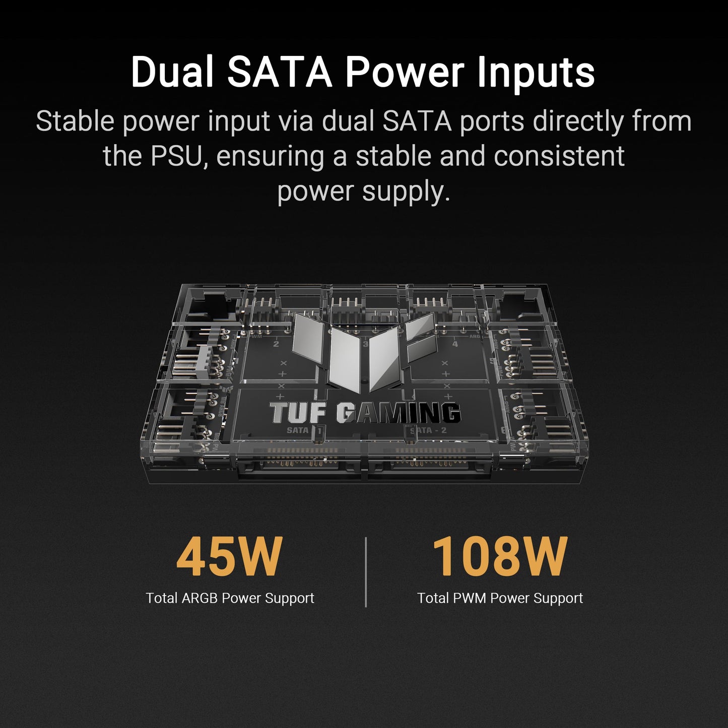 ASUS TUF Gaming ARGB PWM Fan Hub (6x ports for PWM case fans and ARGB control, 2x SATA power connectors, syncs cooling and lighting effects, magnetic mounting, power indicator)