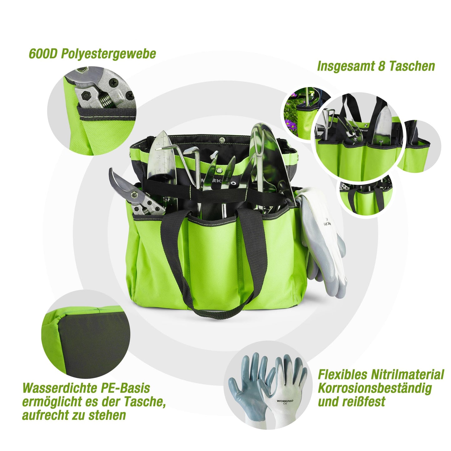 WORKPRO garden tool set, 8 in 1 gardening tools with storage bag, made of stainless steel, garden trowel with wooden handle, floral scissors, garden claw, hand cultivator, gift for gardeners.