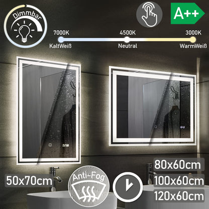 Aquamarin® LED Bathroom Mirror - 120x60 cm, Fog-free, Dimmable, Energy-saving, Digital Clock/Date, 3000-7000K - Bathroom mirror, LED mirror, light mirror, wall mirror for bathroom