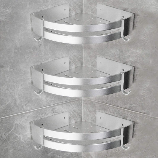 Yorbay shower shelf without drilling with mounting material, shower corner shelf without drilling, triangle bathroom shelf made of aluminum with hooks, bathroom shelf 3 piece set.