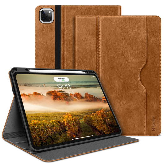 HOLIMET case for iPad Pro 12.9 inch 2022/2021/2020/2018 (6th/5th/4th/3rd Gen) with pencil holder, PU leather folio case shockproof with pocket and auto wake/sleep function, multi-angle stand (brown)