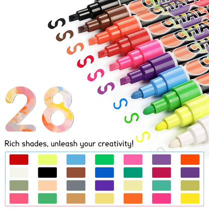 SUPERSUN 28 chalk markers for chalkboard Washable & kids chalk marker window 6mm with reversible tip, Ideal for chalkboard markers, window markers & chalk marker window.