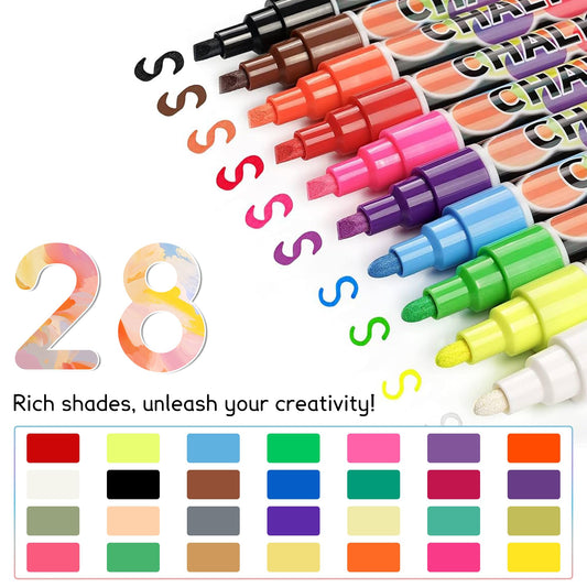 SUPERSUN 28 chalk markers for chalkboard Washable & kids chalk marker window 6mm with reversible tip, Ideal for chalkboard markers, window markers & chalk marker window.