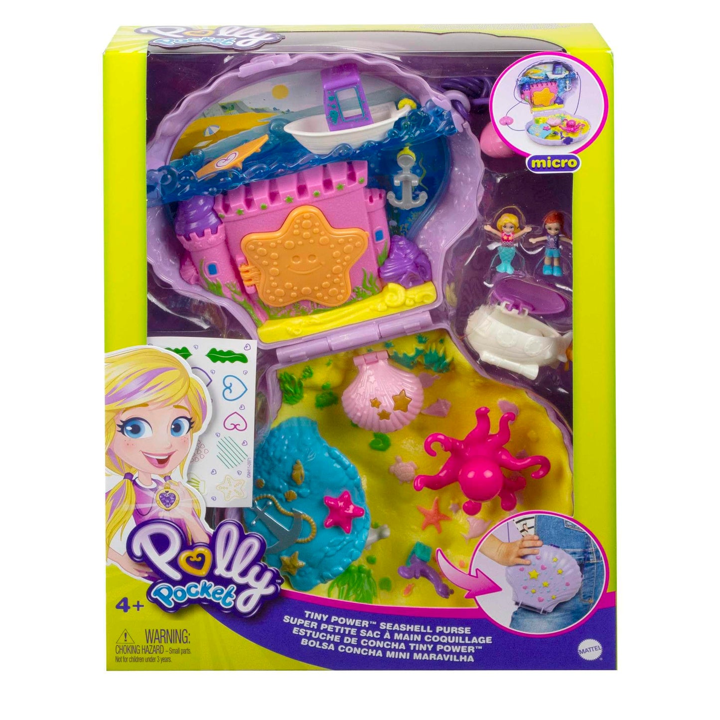 Polly Pocket Treasure Chest, shell crossbody bag in underwater theme, comes with 2 dolls and 1 submarine, Polly Pocket Mermaid toy, for kids ages 4+, GNH11