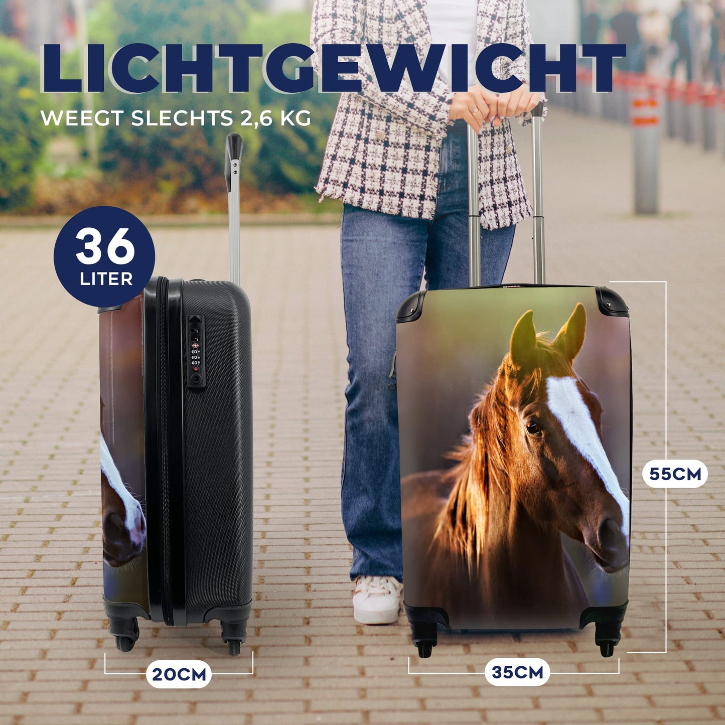 MuchoWow© Suitcase Carry-on Trolley Roller Suitcase Small Travel Suitcase with 4 wheels - Horse - Light - Coat - Cabin Size < 55x40x23 & 55x40x20 cm - Photo Case - Cabin Luggage - Board Luggage