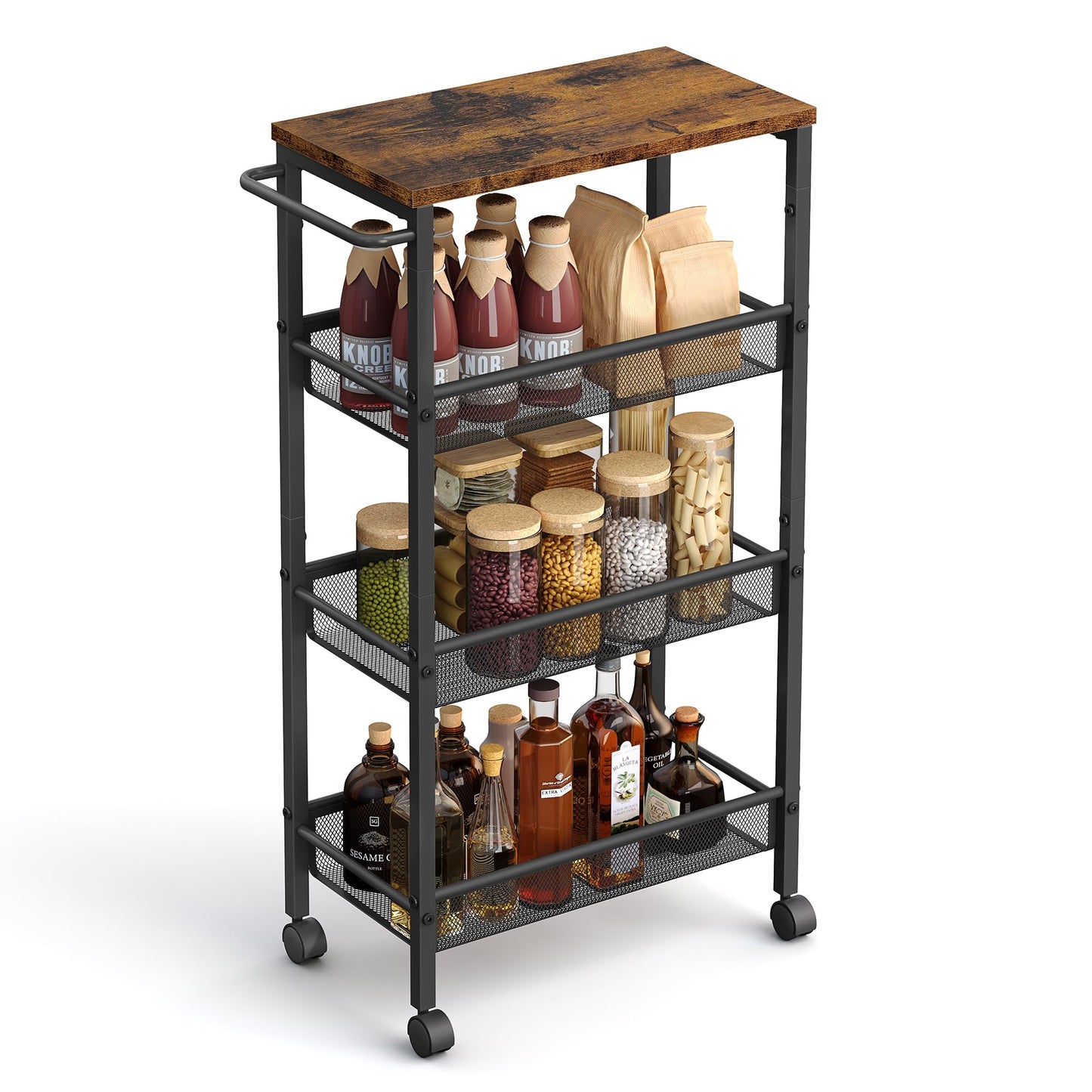 VASAGLE 4-Tier Narrow Kitchen Cart, Slim Rolling Utility Cart, Steel Frame, Handle, for Small Spaces, 8.7 x 17.9 x 30.3 Inches, Kitchen, Bathroom, Living Room, Office, Vintage Brown-Black LRC033B01