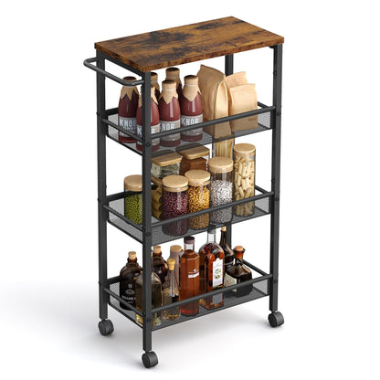 VASAGLE 4-Tier Narrow Kitchen Cart, Slim Rolling Utility Cart, Steel Frame, Handle, for Small Spaces, 8.7 x 17.9 x 30.3 Inches, Kitchen, Bathroom, Living Room, Office, Vintage Brown-Black LRC033B01