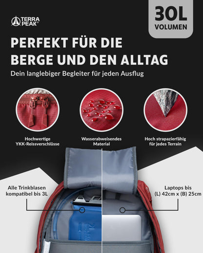 Terra Peak Hiking Backpack 30L Flex 30 Men Women red - Outdoor daypack for hiking - Lightweight waterproof daypack for sports activities - Ergonomic backpack with removable hip belt Adults