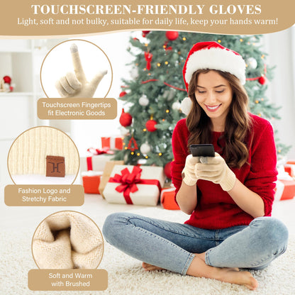 Comfortable charging women's winter warm beanie hat touchscreen gloves long scarf set with fleece lining, thermal winter hat pom pom beanies scarves winter gloves women's gift, apricot