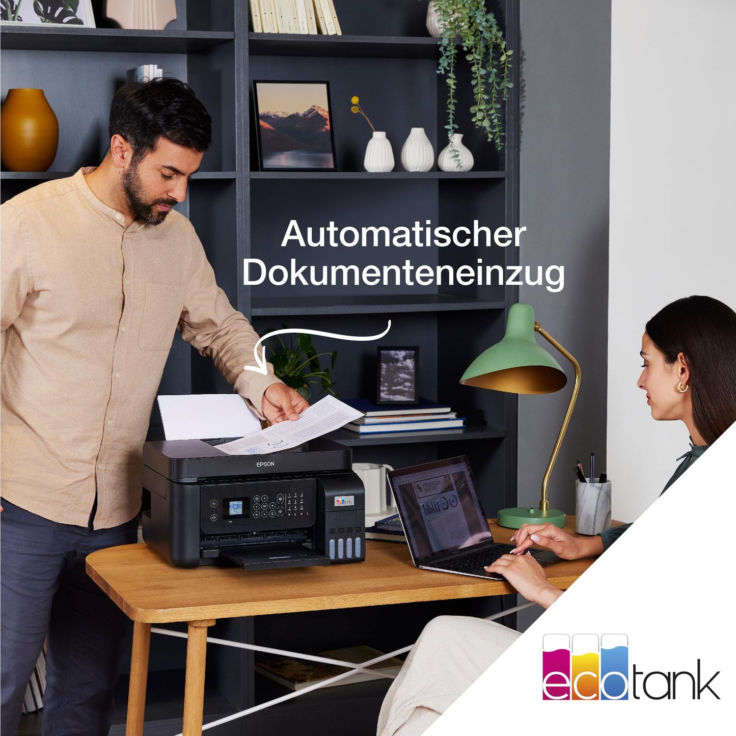 Epson EcoTank ET-3850 A4 multifunction Wi-Fi ink tank printer, with included ink supply lasting up to 3 years.