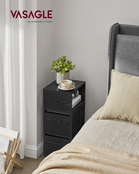 VASAGLE nightstand, narrow, side table with 2 drawers, open compartment can be mounted on the left or right flexibly, for bedroom, living room, ebony black LET656B56