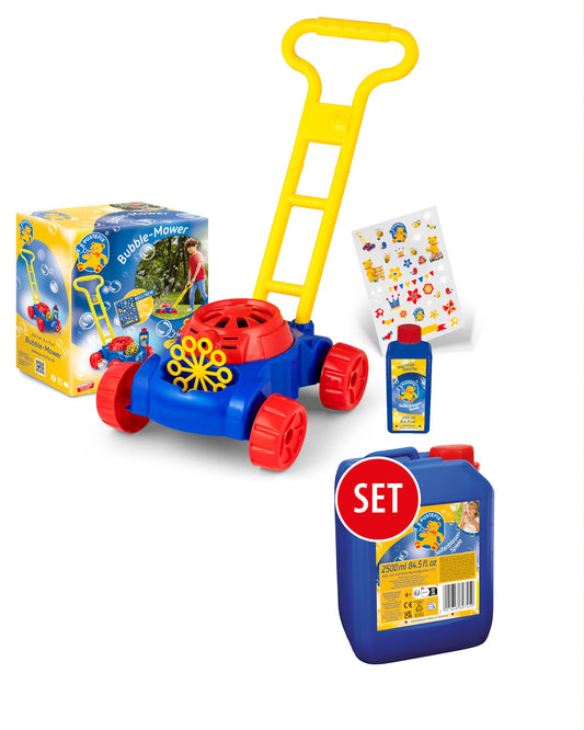 PUSTEFIX Bubble-Mower Lawn Mower & 2.5L Refill Canister I Fun Bubble Kids Set with Bubble Solution I Especially lots of Colorful Bubbles