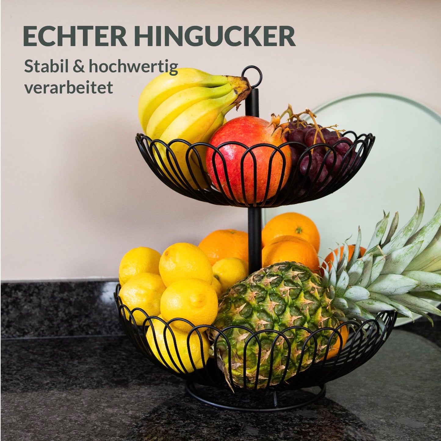 Chefarone® Fruit Stand Large - XL Fruit Bowl 33cm - Black 3-tier Stand - Stylish fruit basket with bowls - Kitchen decor & storage