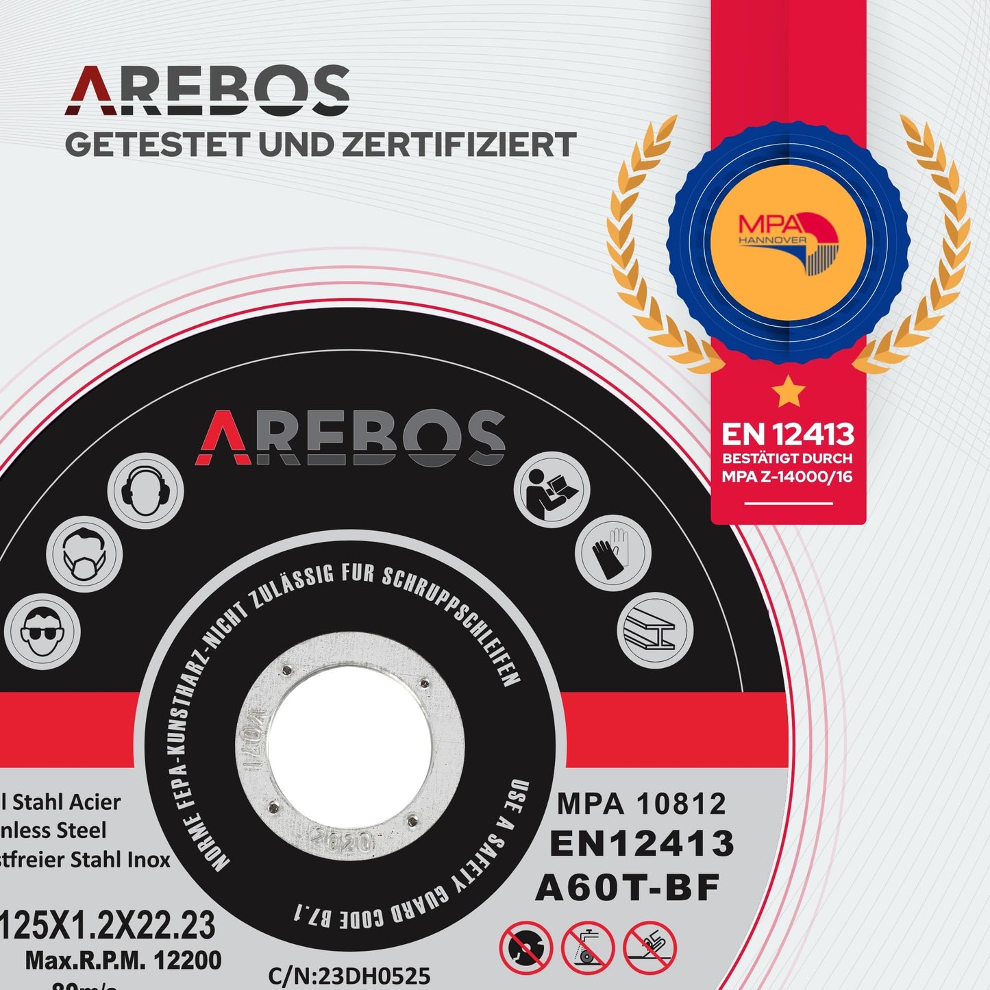 Arebos cutting discs Ø 125 mm, 400 pieces | suitable for steel, stainless steel, inox, iron, sheet metal, metal | Forward and reverse rotation | EN 12413 | certified by the Material Testing Institute (MPA)
