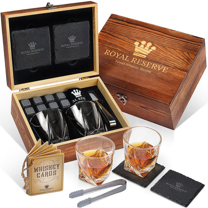 Whiskey gift set – Whiskey glasses, stones, ice tongs, coasters, wooden chest, velvet pouch, history and recipe cards – accessory set, gift for men, husband by Royal Reserve.