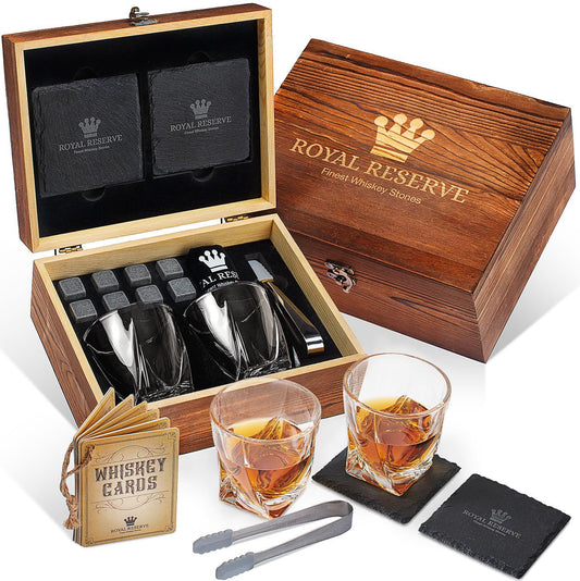 Whiskey gift set – Whiskey glasses, stones, ice tongs, coasters, wooden chest, velvet pouch, history and recipe cards – accessory set, gift for men, husband by Royal Reserve.