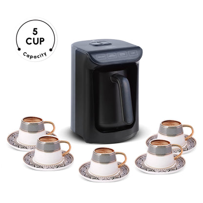 KARACA Hatır Roast Turkish Coffee Maker, Shiny Black, 5 cup capacity, lots of foam, 535W, voice warning system, light warning system, measuring spoon, easy cleaning.