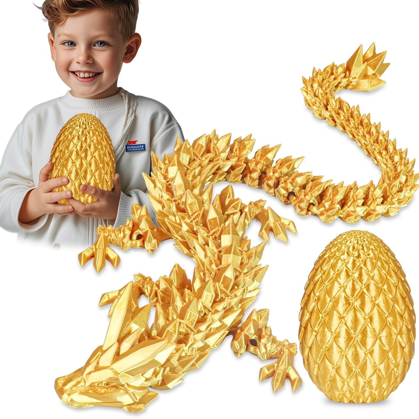 Surprise dragon egg with dragon inside gifts for children and adults 3D printed fidget toy perfect for Christmas Easter birthdays decor stress relief (Gold, Large)