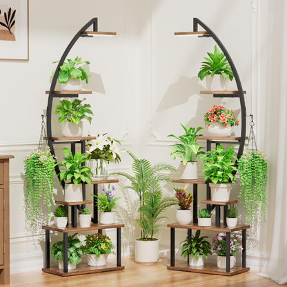 BACEKOLL Plant Stand with Grow Light - 7 Tier Flower Stand 165cm Metal Wood Plant Shelf - Indoor & Outdoor Flower Ladder - Decorative Black Plant Stand for Interior Garden Balcony 2 PACK