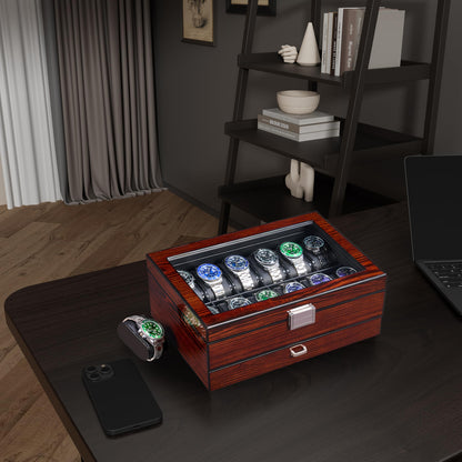 BEWISHOME 12 Watch Box with Tray Drawer, Luxury Men's Watch Case, Watch Storage with Genuine Glass Lid, Metal Hinge, Watch Storage Box, Watch Box, Brown, ESSH02Y