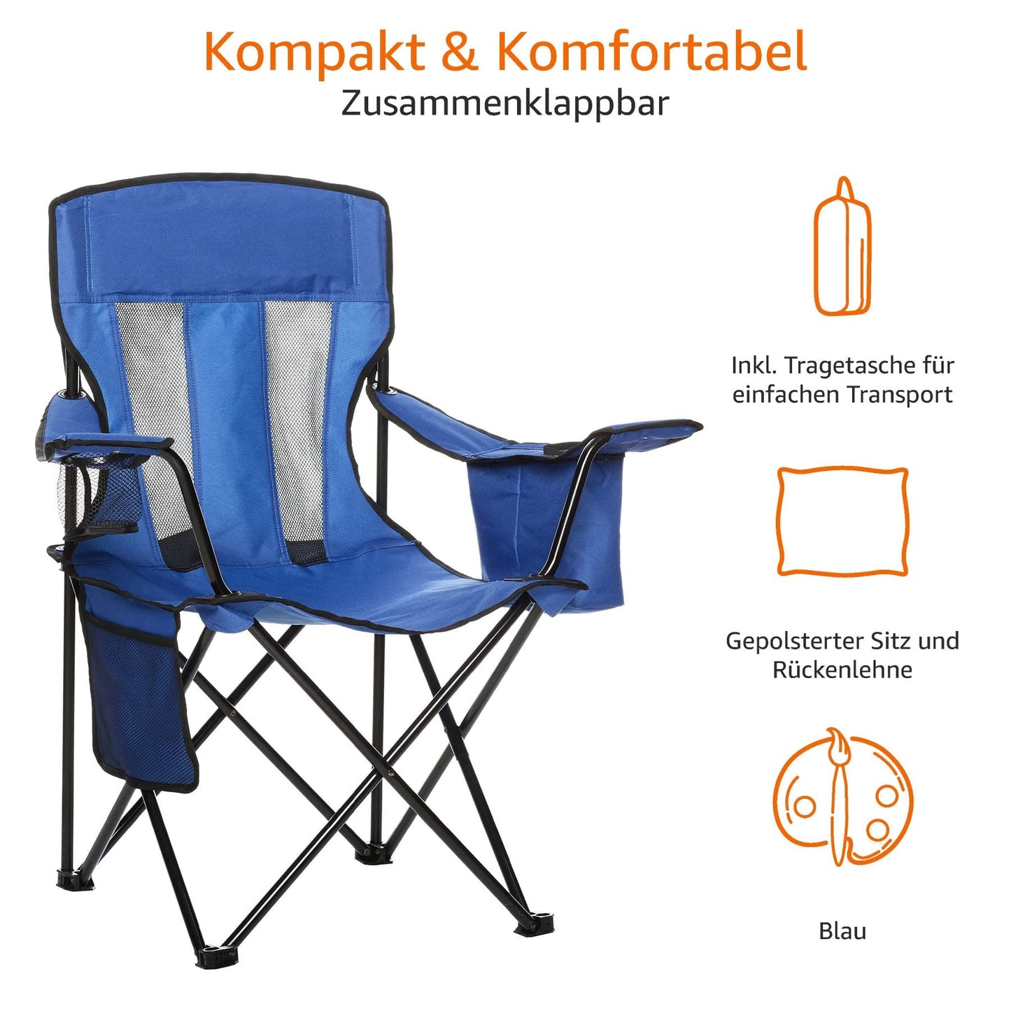 Amazon Basics camping chair with cooler, regular, mesh, blue.