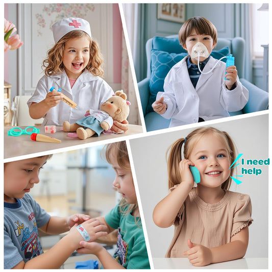 Peradix Doctor Kit for Kids 3 years and up - 39-piece wooden doctor's playset with real stethoscope, doctor's coat, thermometer, and portable bag. Perfect gift for kids aged 3, 4, 5, and 6.